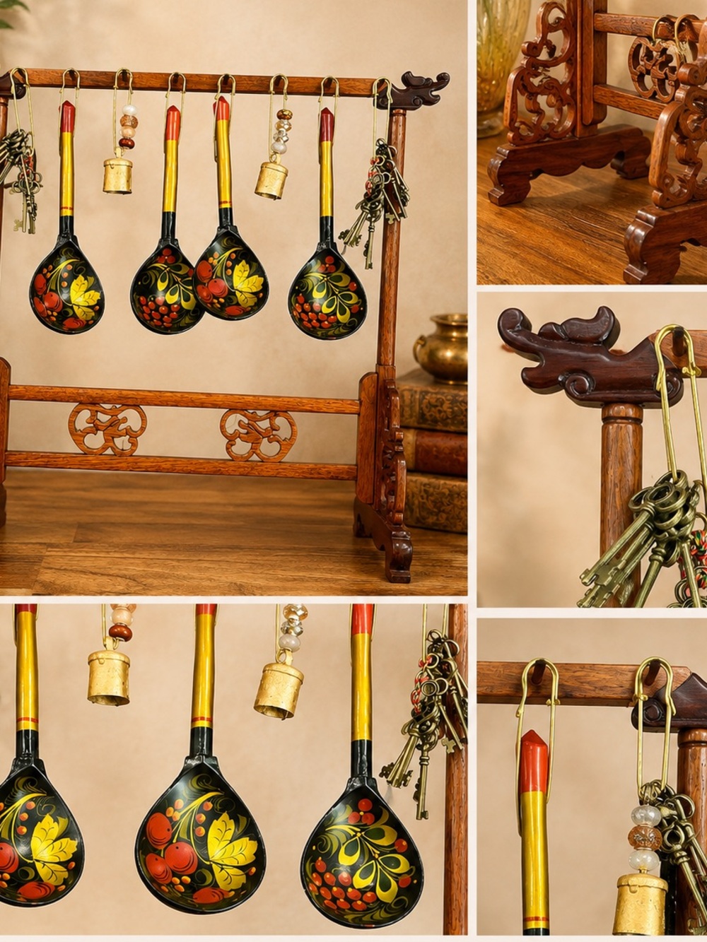 Hand-Painted Russian Khokhloma Spoons - Set of 4 with stand - Picture 3 of 9
